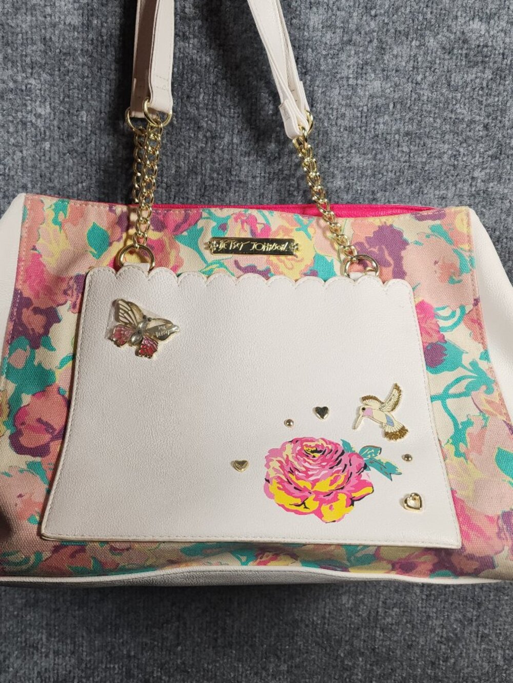 Betsey Johnson Floral Tote Bag Butterfly Hummingbird Rose Gold Chain Purse